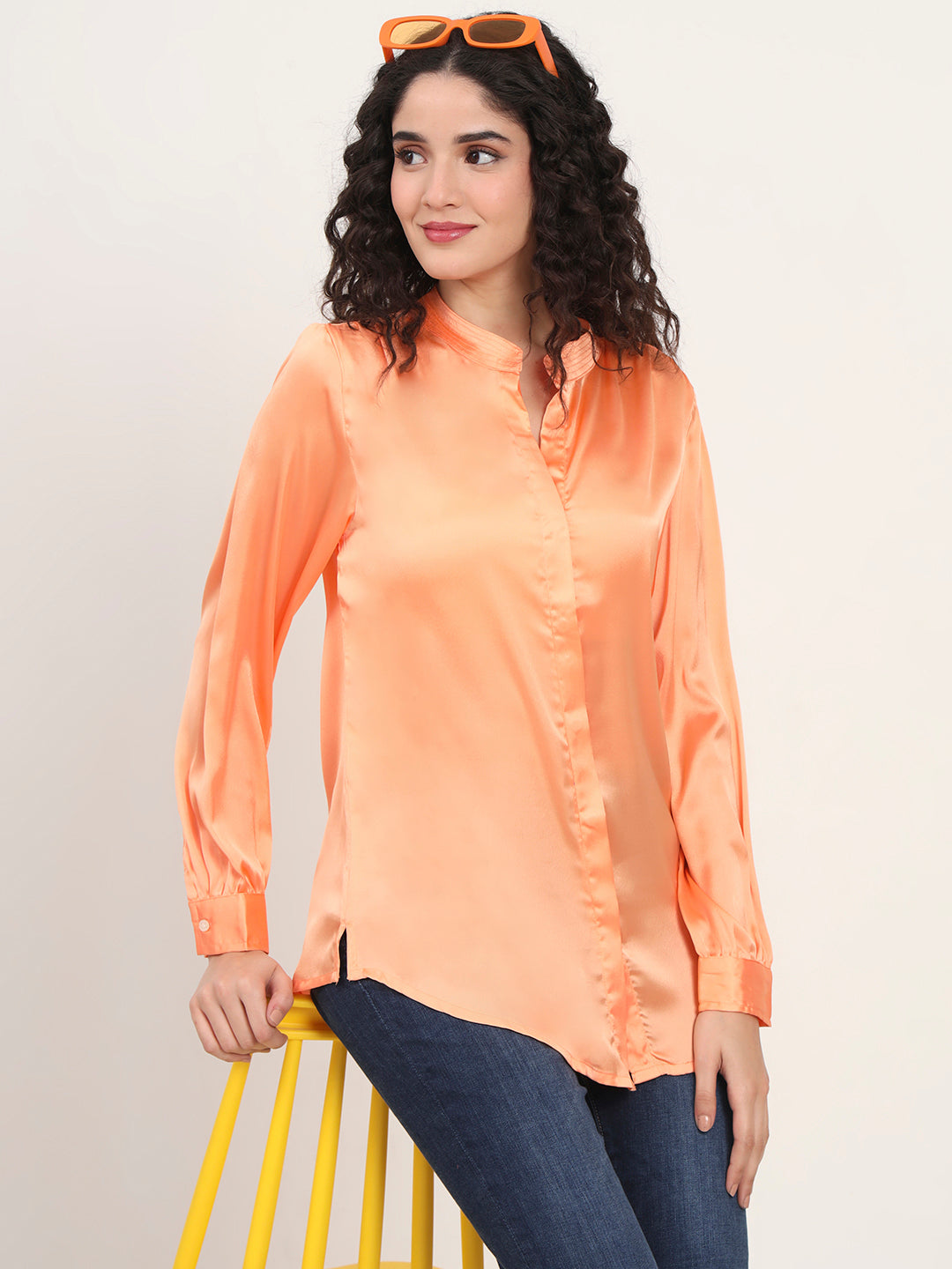 Summer Satin Crimson Orange Mandarin Collar Shirt