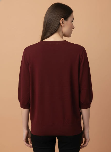 Elegant Burgundy Half Sleeve Knit Top with Embellished Neckline