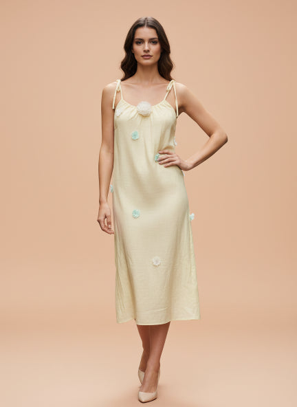 Elegant Floral Strap Midi Dress  Soft Pastel Yellow