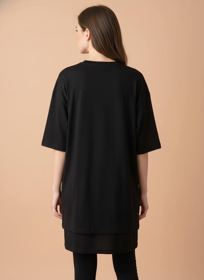 Elegant Black Floral Applique Oversized T-Shirt for Women