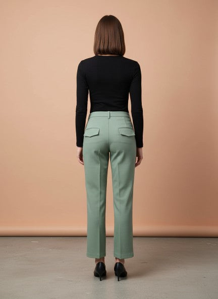 Banana Crepe Sage Green Straight Fit With Flap Pocket Trouser