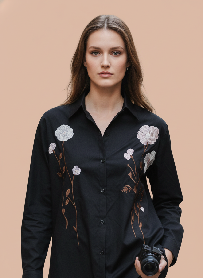 Elegant Black Floral Embroidered Shirt for Women