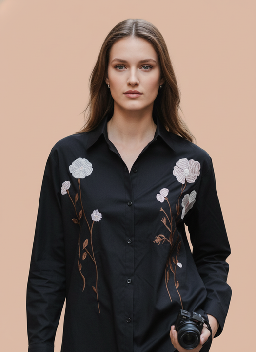 Elegant Black Floral Embroidered Shirt for Women