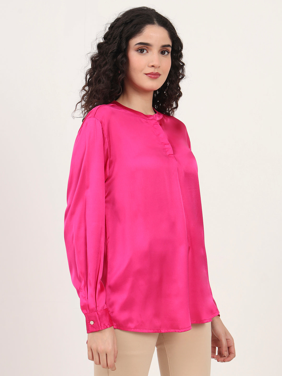 Summer Satin Magenta Front Pleated Tunic