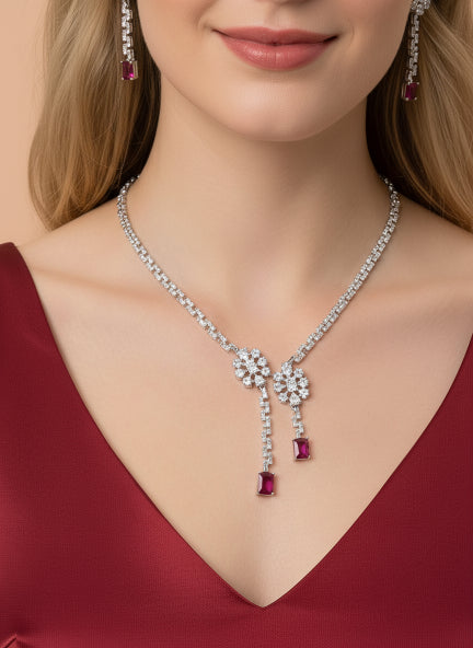 Elegant Ruby Drop Diamond Jewelry Set – Necklace & Earrings