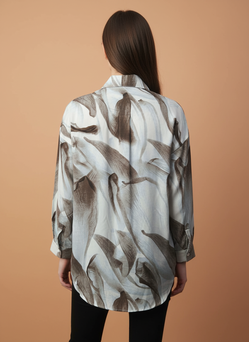 Women Light Blue Brown Abstract Floral Print Button Down Shirt