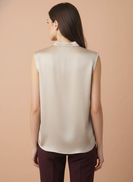 European Satin V Neck Pleated Sleeveless Top