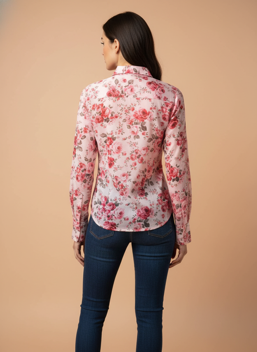 Premium Organza Pink And Green Regular Length Straight Hem Digital Print Shirt