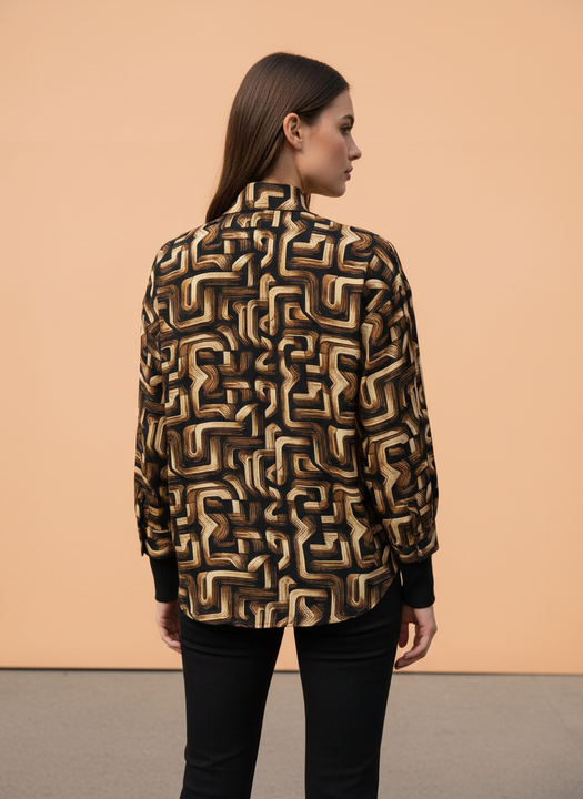 Brown Abstract Geometric Print Full Sleeve Shirt for Women