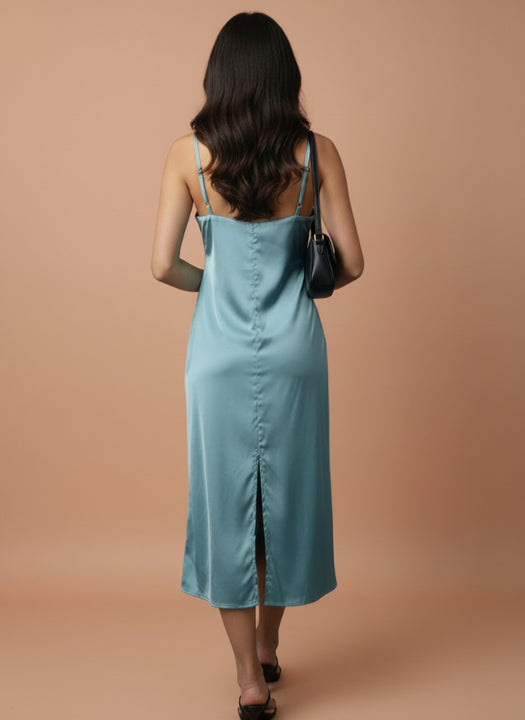Satin Midi Dress Aqua Spaghetti Strap