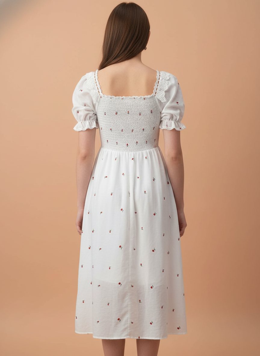 Elegant White Floral Printed Midi Dress for Women