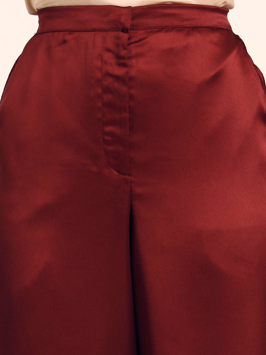 Luxury Satin Wide Leg Pants European Fabric  Wine Red Glam Look