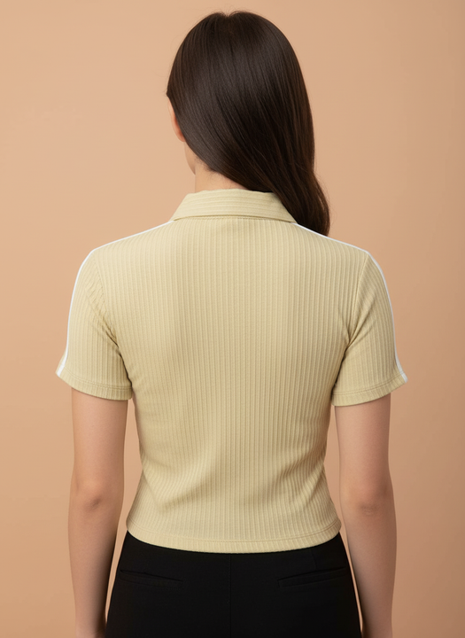Beige Yellow Ribbed Knit Polo T-Shirt