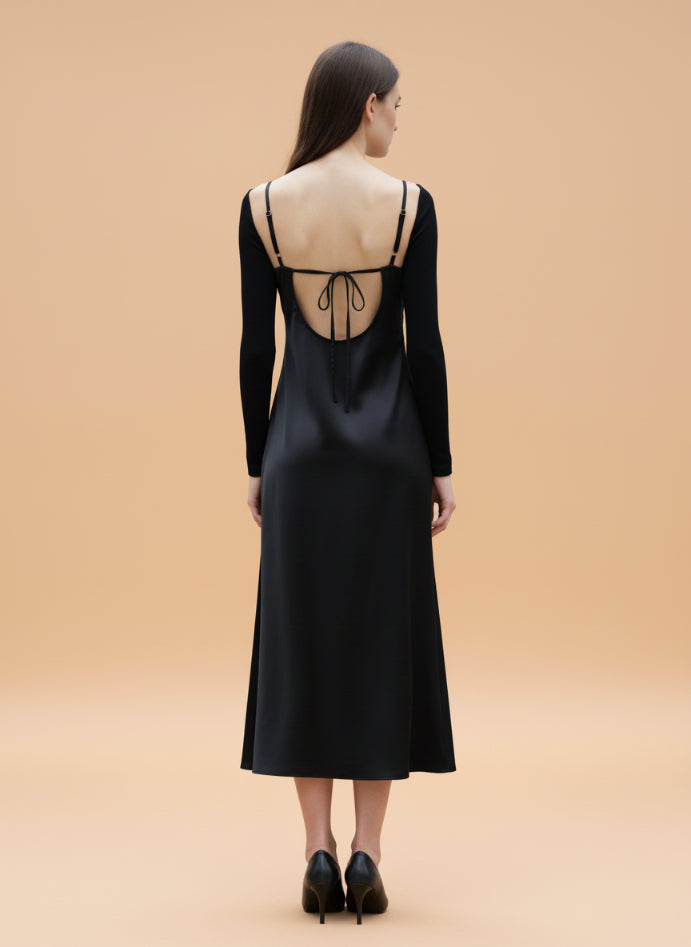 European Satin Black Midi Dress