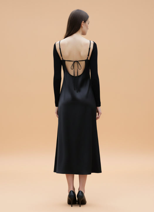 European Satin Black Midi Dress