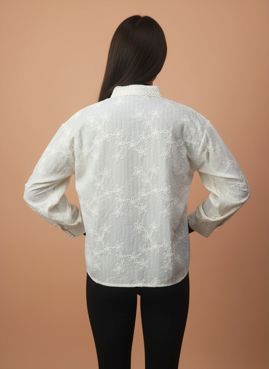 White Floral Embroidered Women Shirt