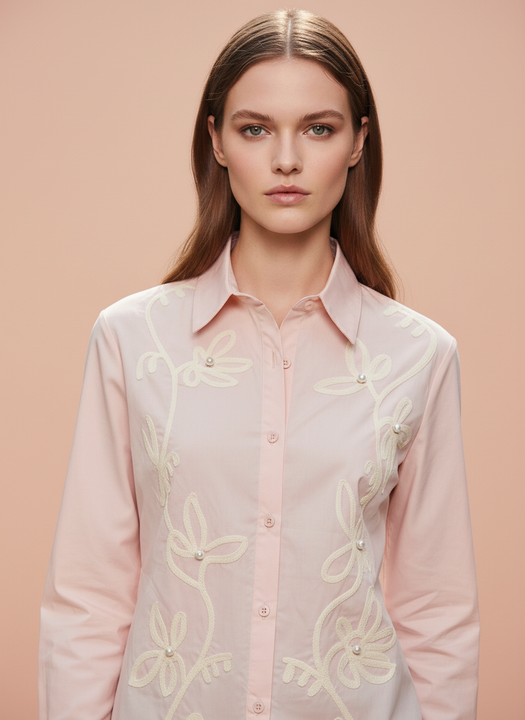 Elegant Blush Pink Floral Embroidered Shirt for Women