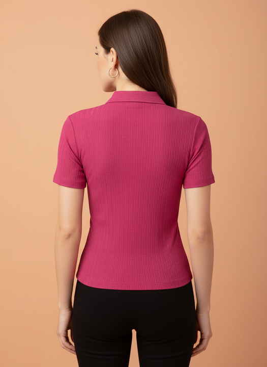 Women’s Fuchsia Pink Ribbed Knit Quarter Zip Polo T-Shirt