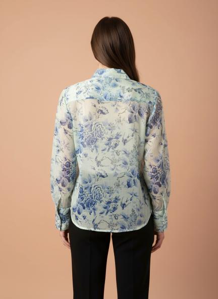 Premium Chiffon Blue And White Long Length Curved Hem Digital Print Shirt