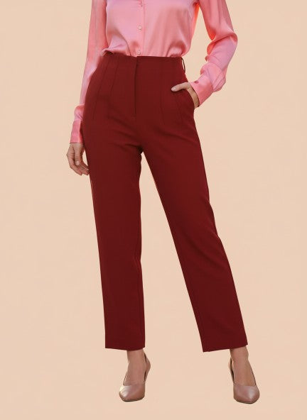 Banana Crepe Maroon Skin Fit With Multi Pleated Trouser