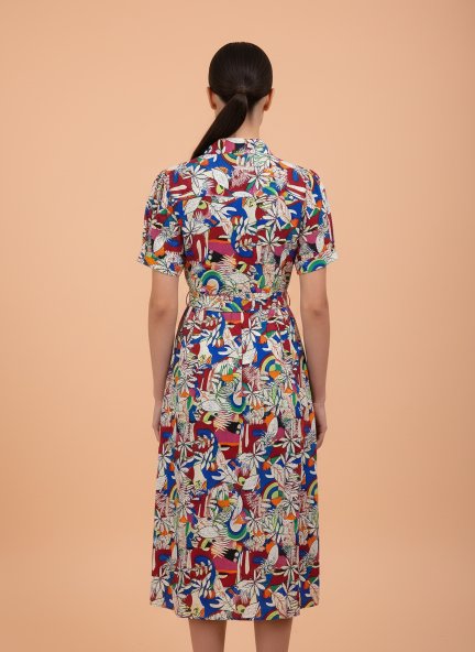 Rayon Printed Puff Sleeve A Line Shirt Dress