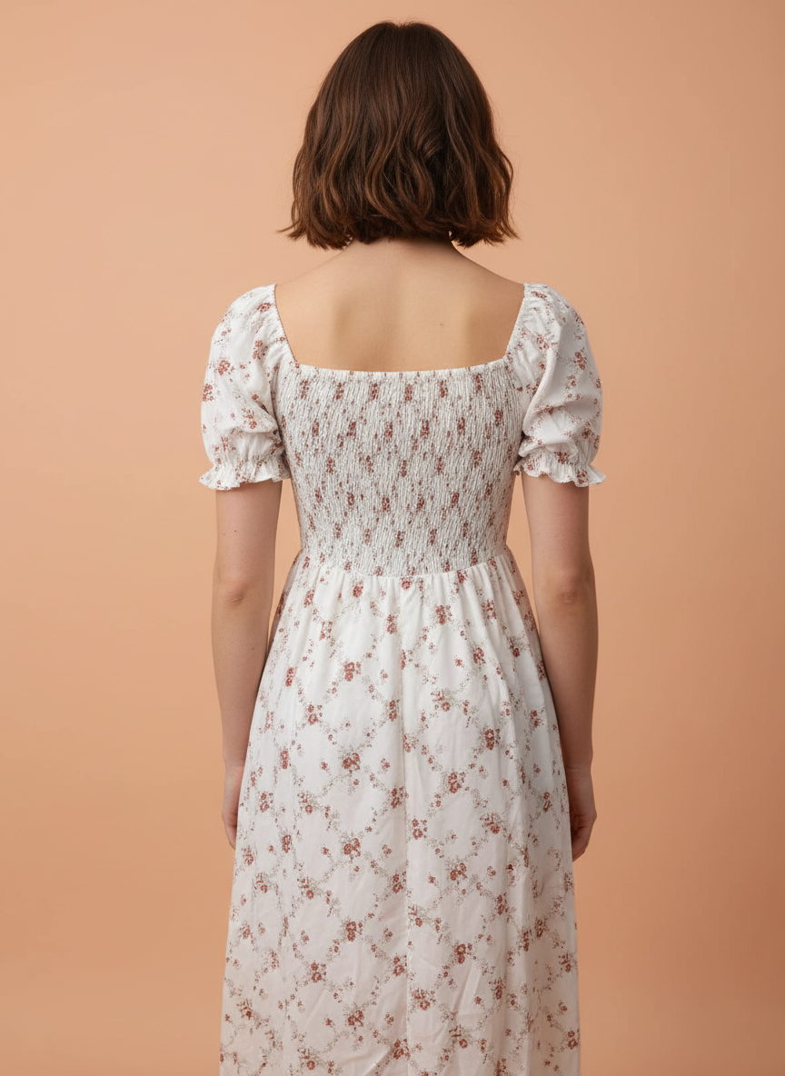 White Floral Puff Sleeve Midi Dress with Lace Hem