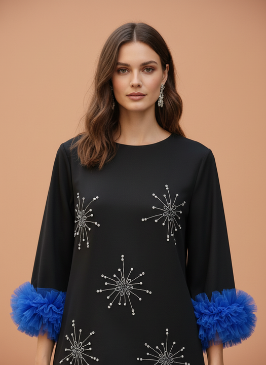 Elegant Black Embellished Shift Dress with Statement Sleeves