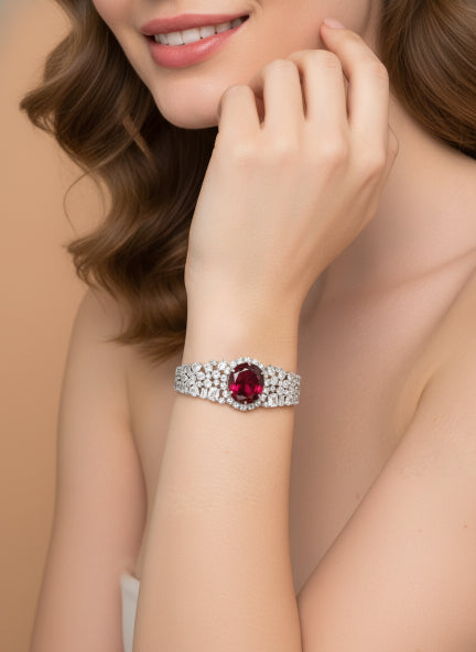 Red Ruby Cubic Zirconia Halo Ring & Bracelet Set for Women