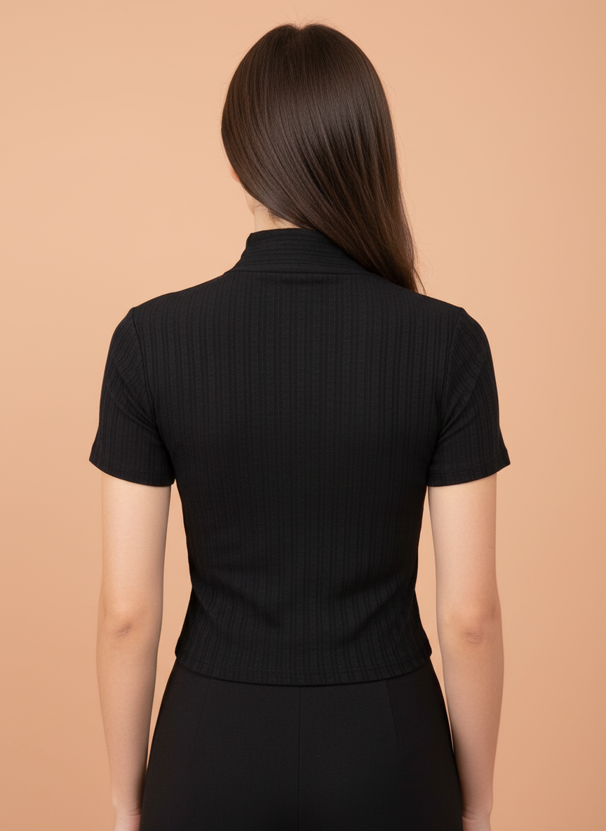 Women’s Black Ribbed Knit Quarter Zip Polo T-Shirt