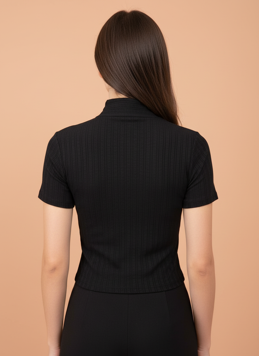 Women’s Black Ribbed Knit Quarter Zip Polo T-Shirt