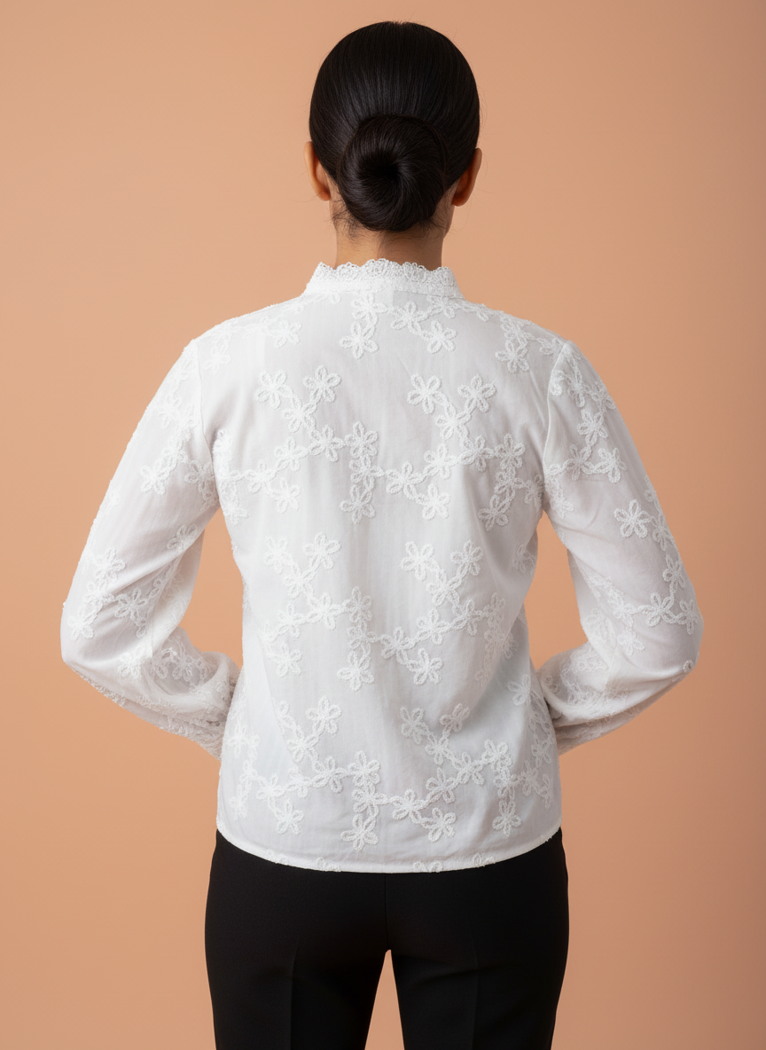 White Floral Embroidered Women Shirt