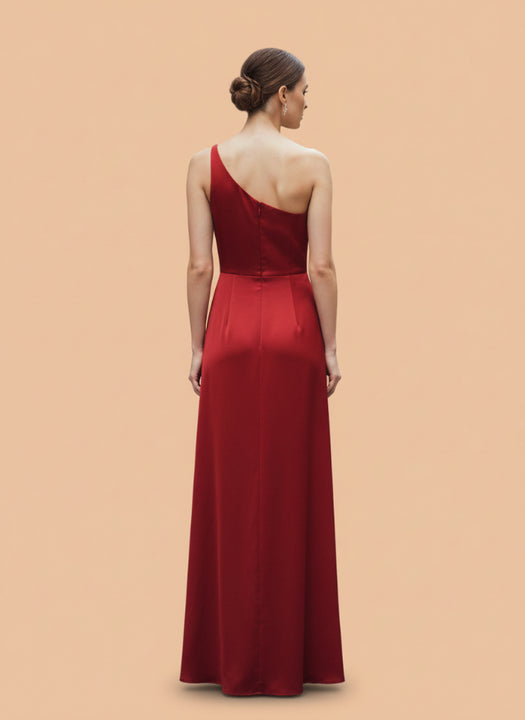 One-Shoulder European Satin Dress Crimson Red