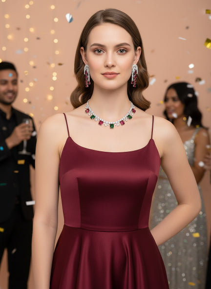 Luxury Silver-Tone Cubic Zirconia Ruby & Emerald Statement Necklace & Earrings Set