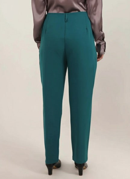 Banana Crepe Teal Skin Fit With Multi Pleated Trouser