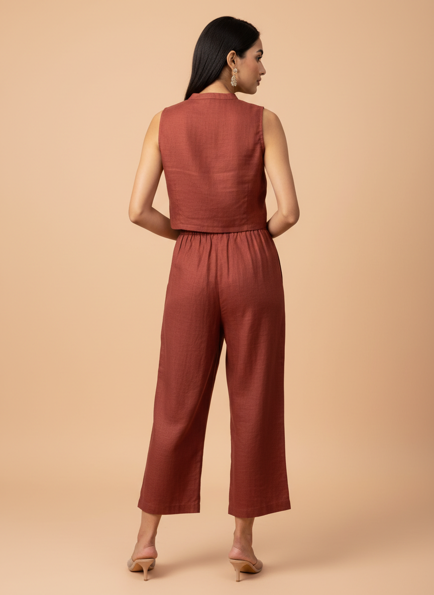 Rust Sleeveless Co-ord Set with Wide-Leg Pants