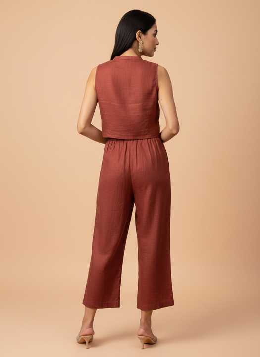 Rust Sleeveless Co-ord Set with Wide-Leg Pants
