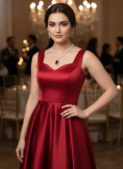 Red Ruby Cubic Zirconia Necklace & Earrings Set for Women