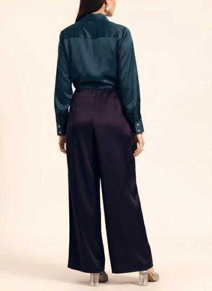 Satin Wide Leg Pants European Fabric  Plum Wine Glam Look