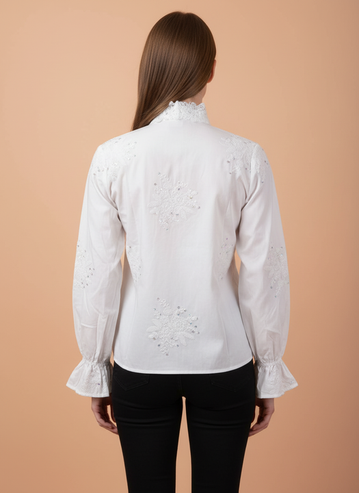 Women’s Elegant White Embroidered Shirt with Lace Collar