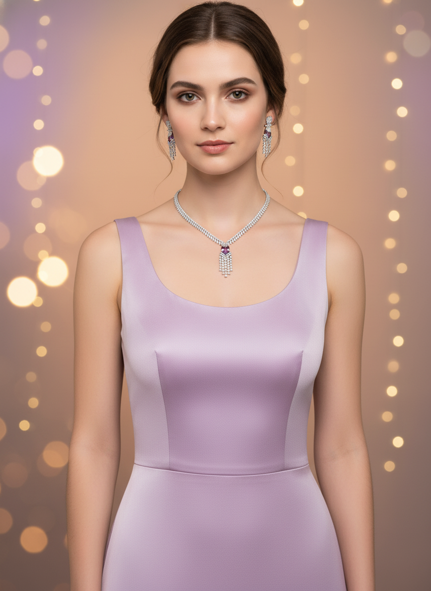 Elegant Amethyst Drop Cubic Zirconia Necklace & Earrings Set
