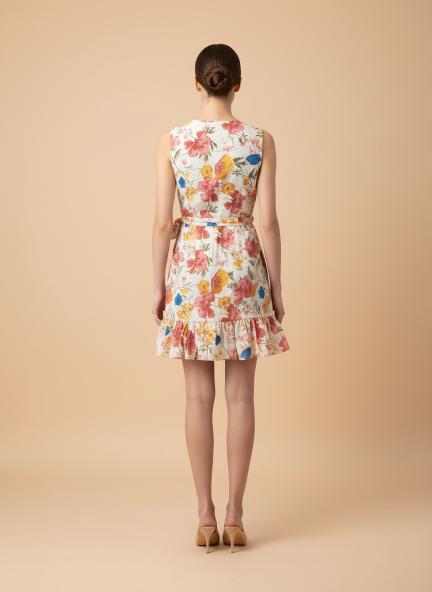 Cambric Digital Print  V Neck Flare Dress With Slash Pocket