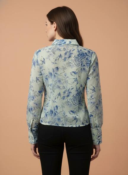 Premium Chiffon Blue And White Regular Length Straight Hem Digital Print Shirt