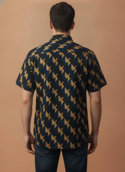 Navy Geometric Print Premium Cotton Shirt