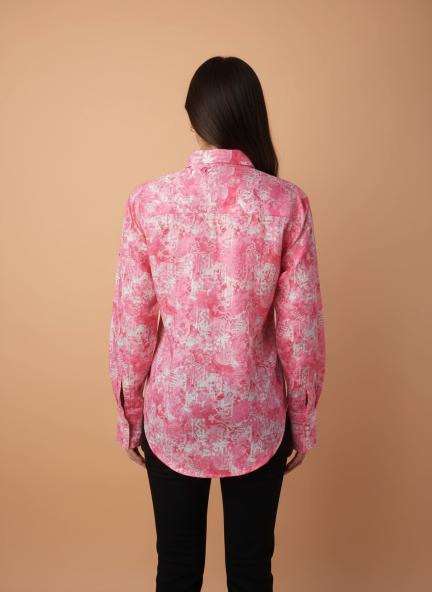 Premium Muslin Pink Long Length Curved Hem Digital Print Shirt