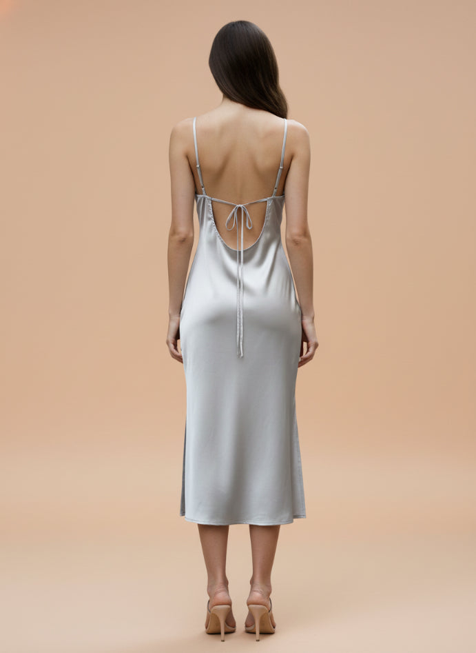 Satin Silver Grey V-Neck Midi Dress