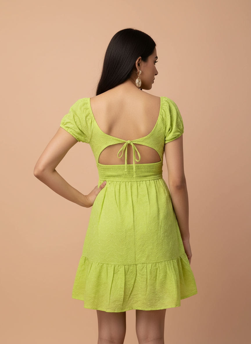 Lime Green Square Neck Puff Sleeve Mini Dress