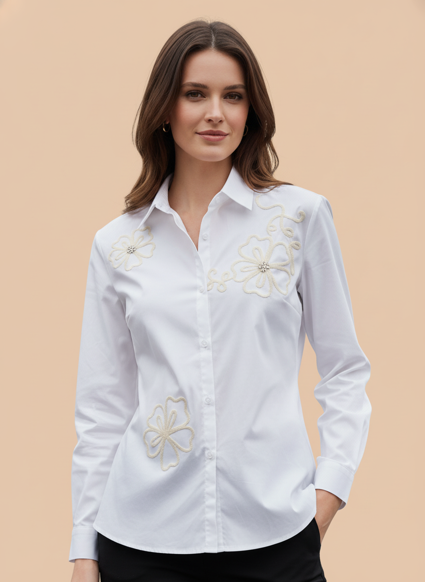 Elegant White Floral Embroidered Formal Shirt