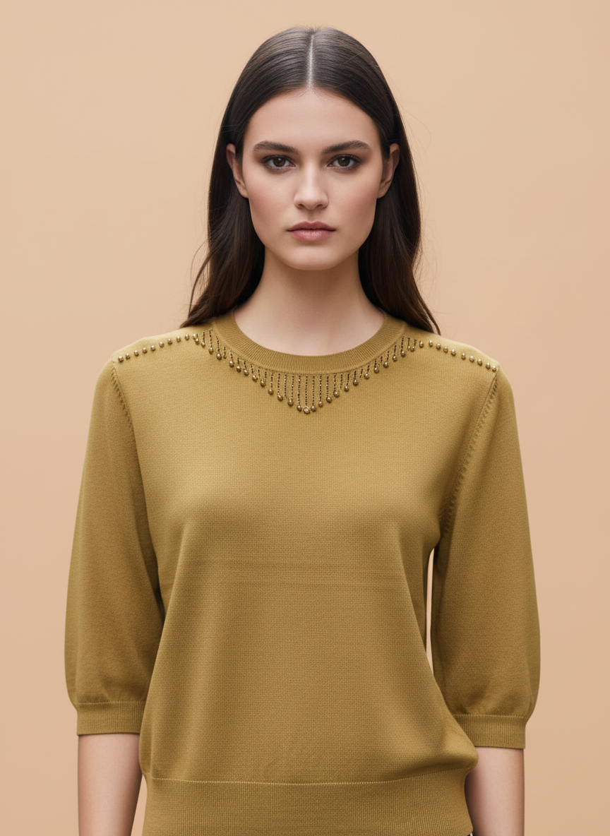 Mustard Green Beaded Neck Knit Top