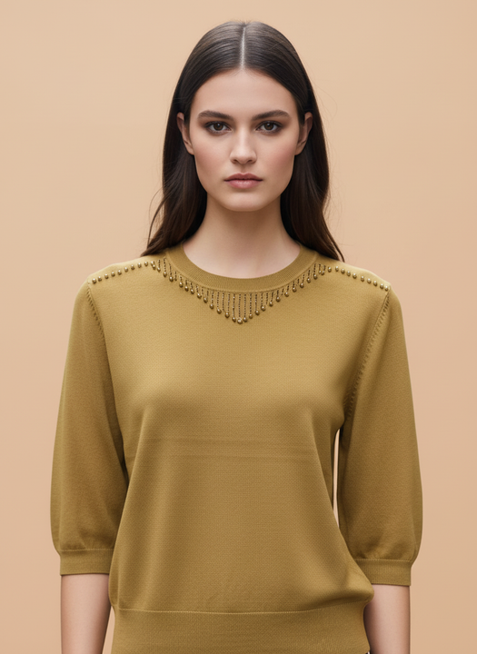 Mustard Green Beaded Neck Knit Top