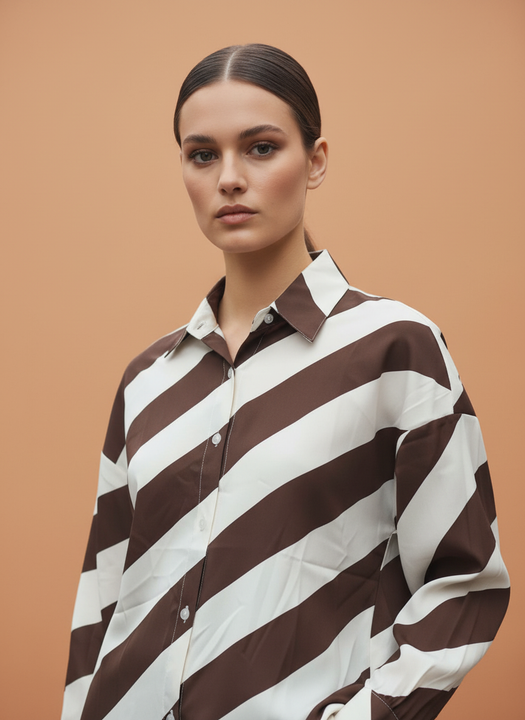 Women Brown & White Diagonal Stripe Button Down Shirt